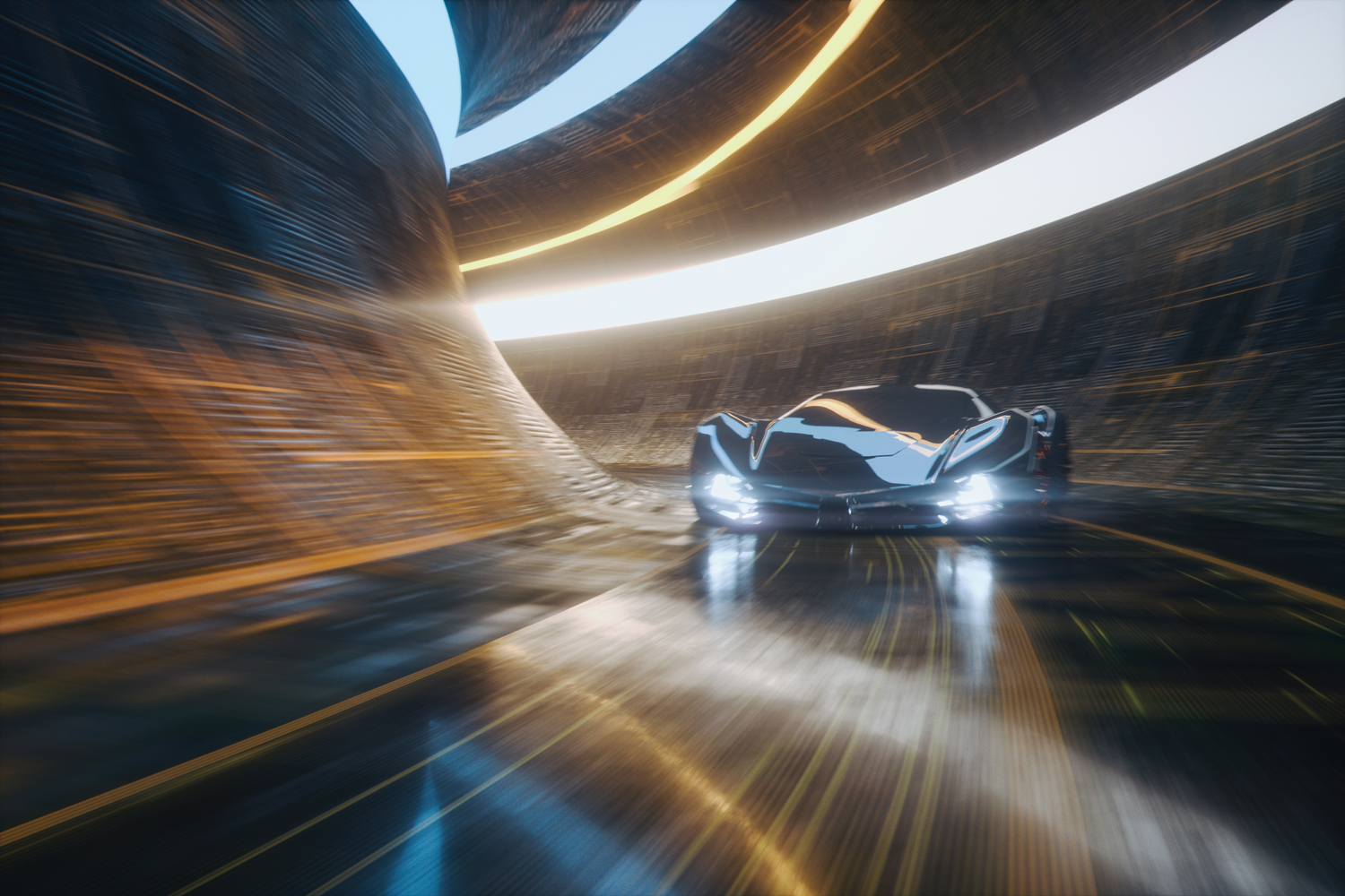 Sport car drifting through the corner in the futuristic tunnel