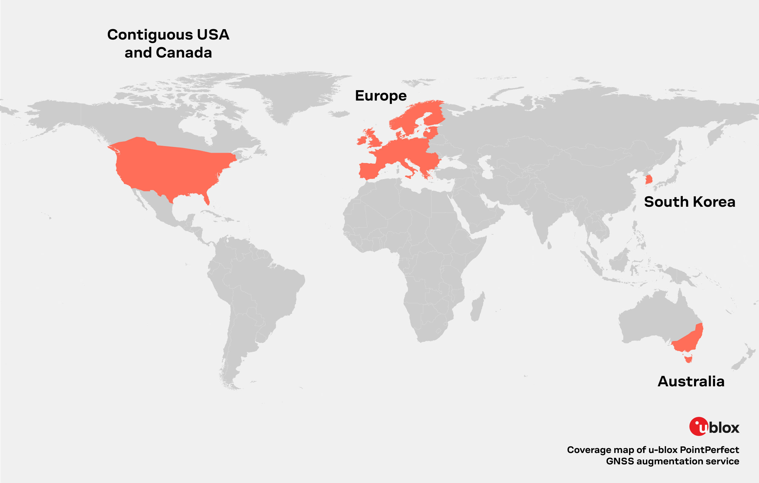 PointPerfect PPP-RTK coverage map: USA, Canada, Europe, Australia & South Korea
