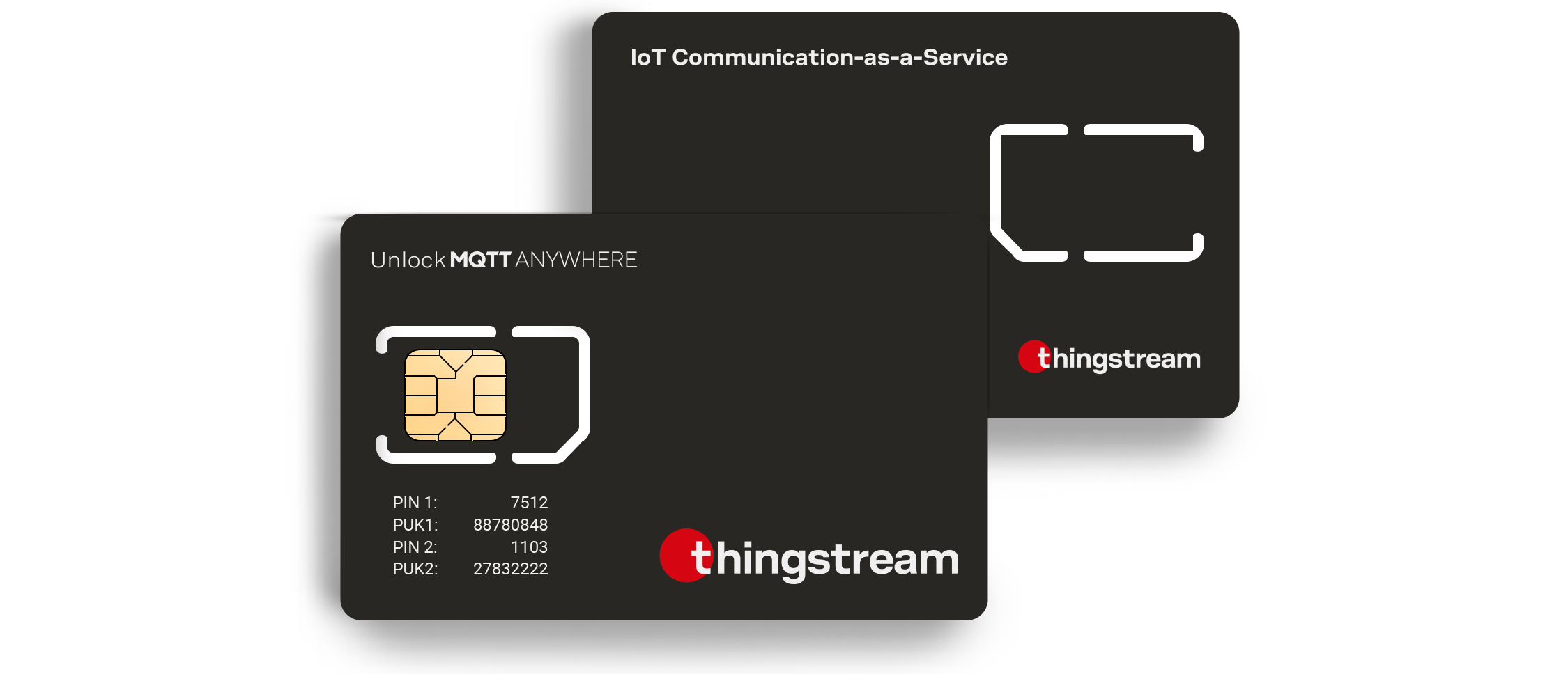two black MQTT SIM cards with Thingstream's logo on them laid on top of each other