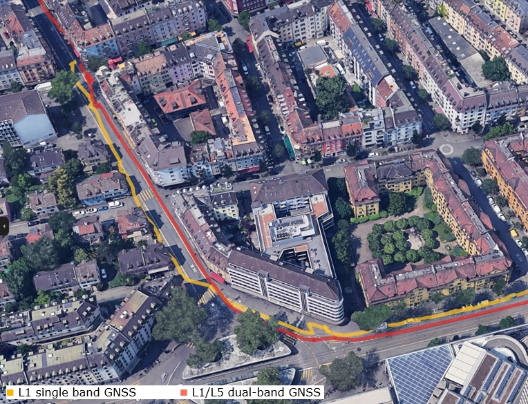 Aerial view of an urban area showing GNSS tracking paths. The L1 single-band GNSS path deviates significantly from the road, while the L1/L5 dual-band GNSS path closely follows the streets, demonstrating better positioning accuracy in a city environment