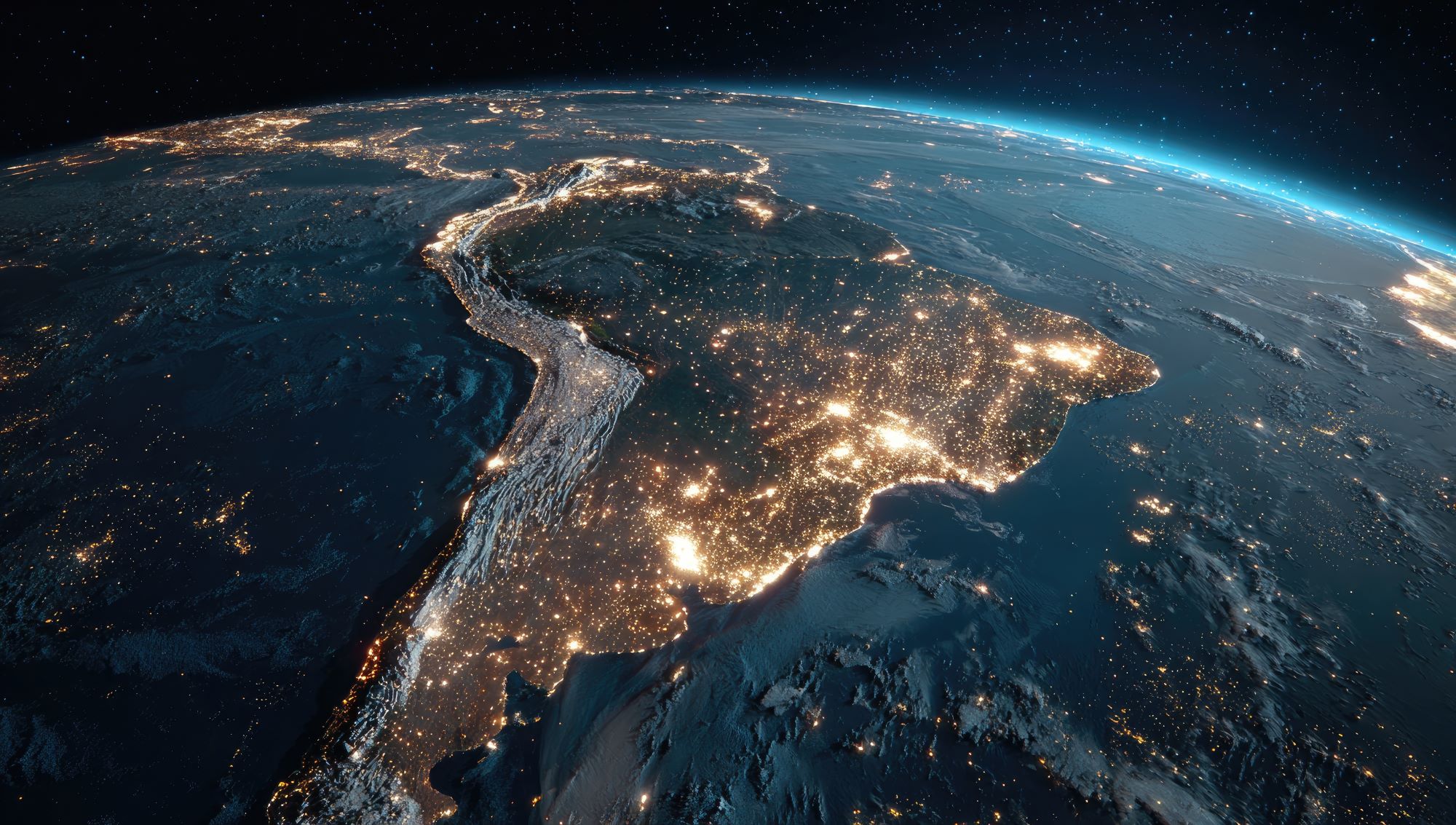 South America continent photographed from space at night