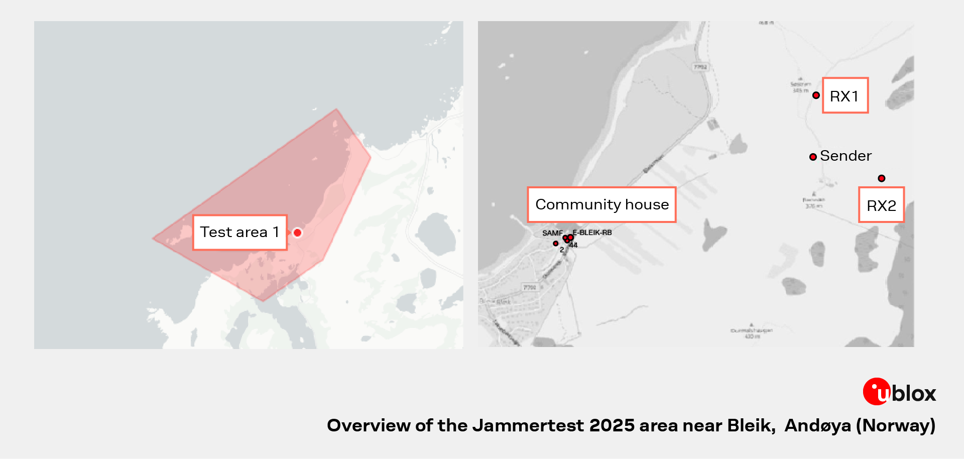 Map showing the Jammertest 2025 test area near Bleik, Andøya, Norway. The left side highlights “Test area 1” on the island coastline, while the right side details the position of the community house, sender, and two GNSS receiver sites (RX1 and RX2). This overview visualizes the field setup and precise locations used for live GNSS jamming and spoofing trials during the event, essential for contextualizing the environment of resilient positioning testing.