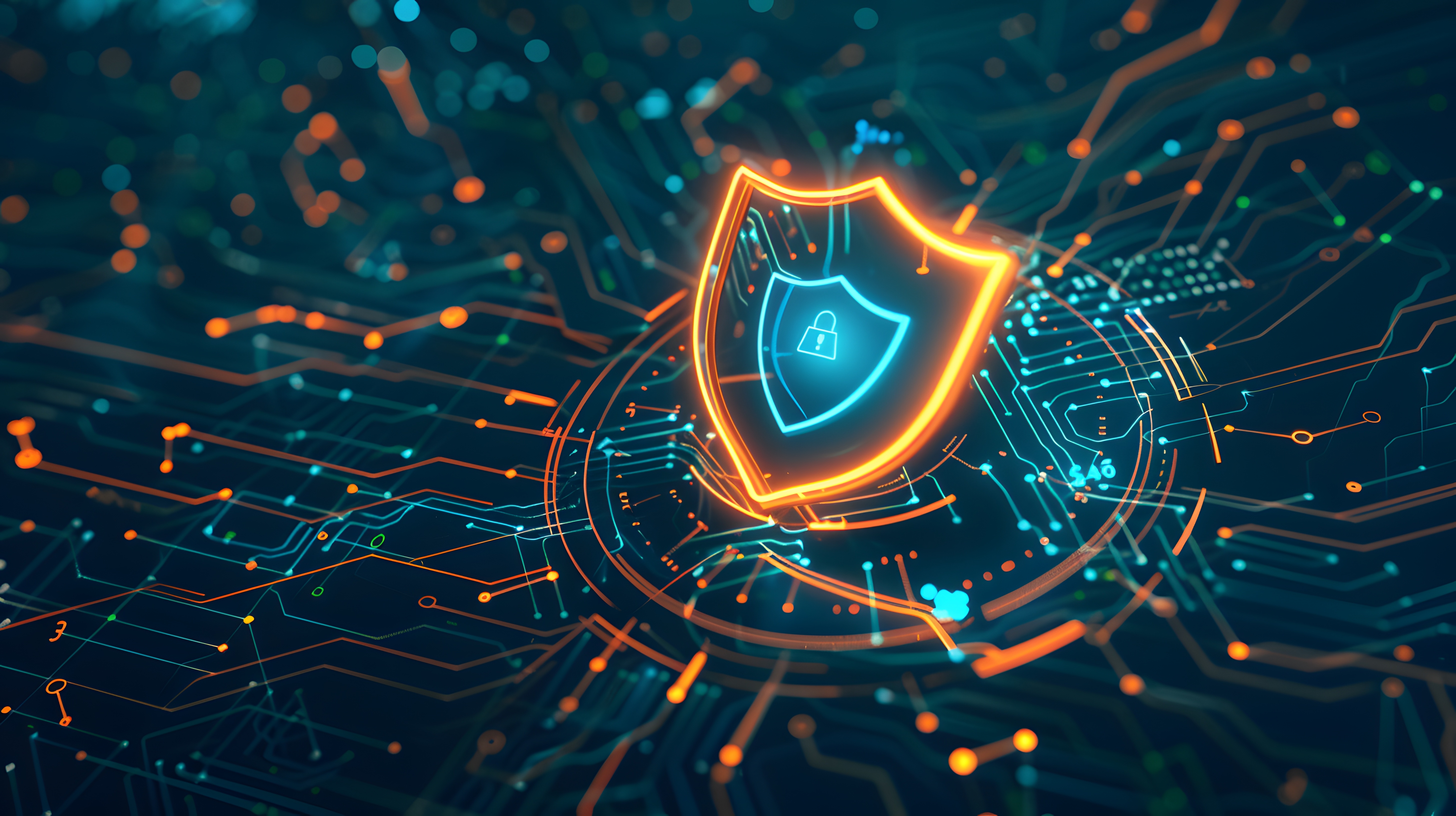 Digital security shield on circuit board representing GNSS protection against jamming and spoofing