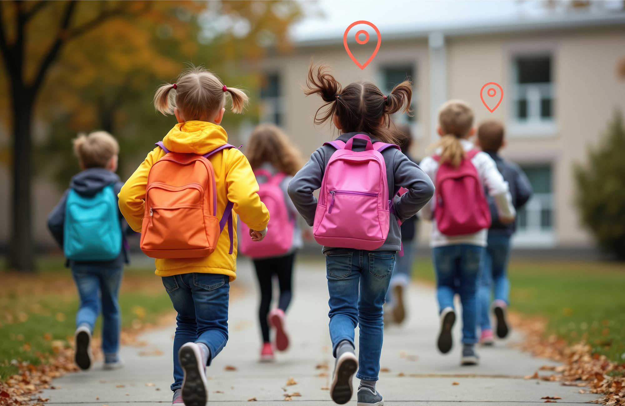 Children walking to school with location pin showing u-blox F11 wearable GNSS tracking
