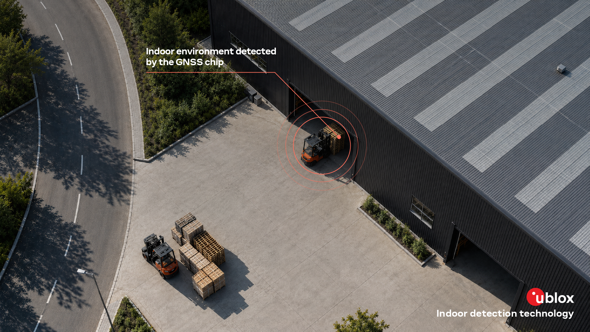 Infographic from u-blox showing a forklift entering a warehouse, where the GNSS receiver detects the indoor environment