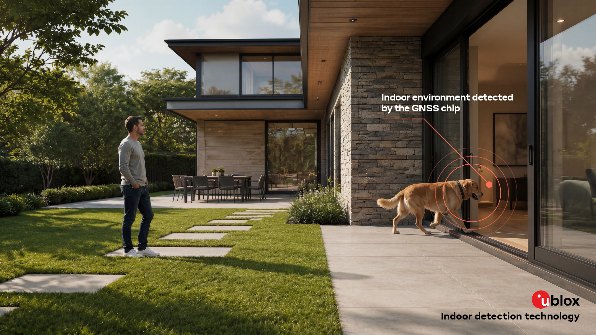 Infographic from u-blox showing a dog entering a house, where the GNSS receiver detects the indoor environment