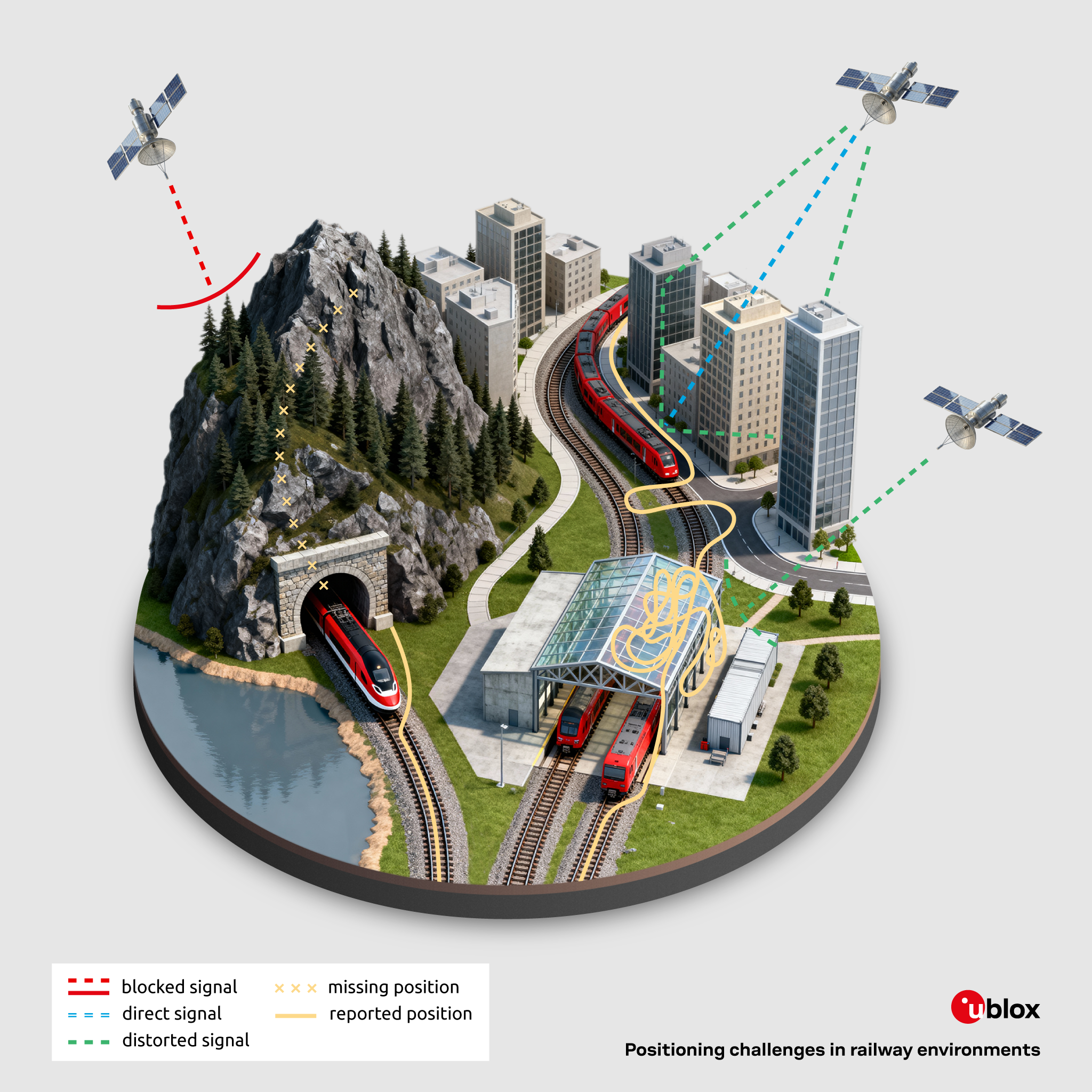 Illustration showing railway positioning challenges, including blocked and distorted GNSS signals in tunnels, covered stations, and urban rail environments.