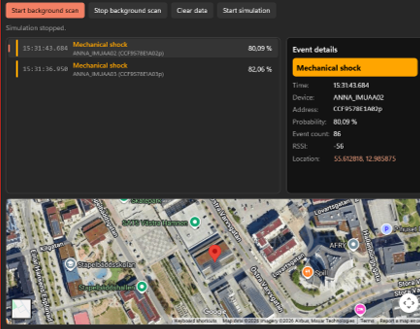 u-blox ALMA-B2 Edge AI asset tracking app showing logged mechanical shock events, event details, and location on a map