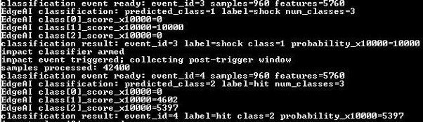 u-blox ALMA-B2 Edge AI inference results showing Neuton and Axon model classifications for shock and hit events