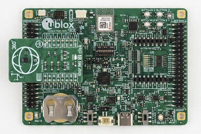 u-blox ALMA-B2 evaluation kit with BMI270 IMU sensor board for Edge AI asset tracking demo