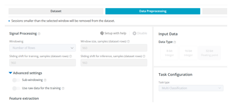 Nordic Edge AI Lab data preprocessing screen for u-blox ALMA-B2 Edge AI model training with signal processing enabled