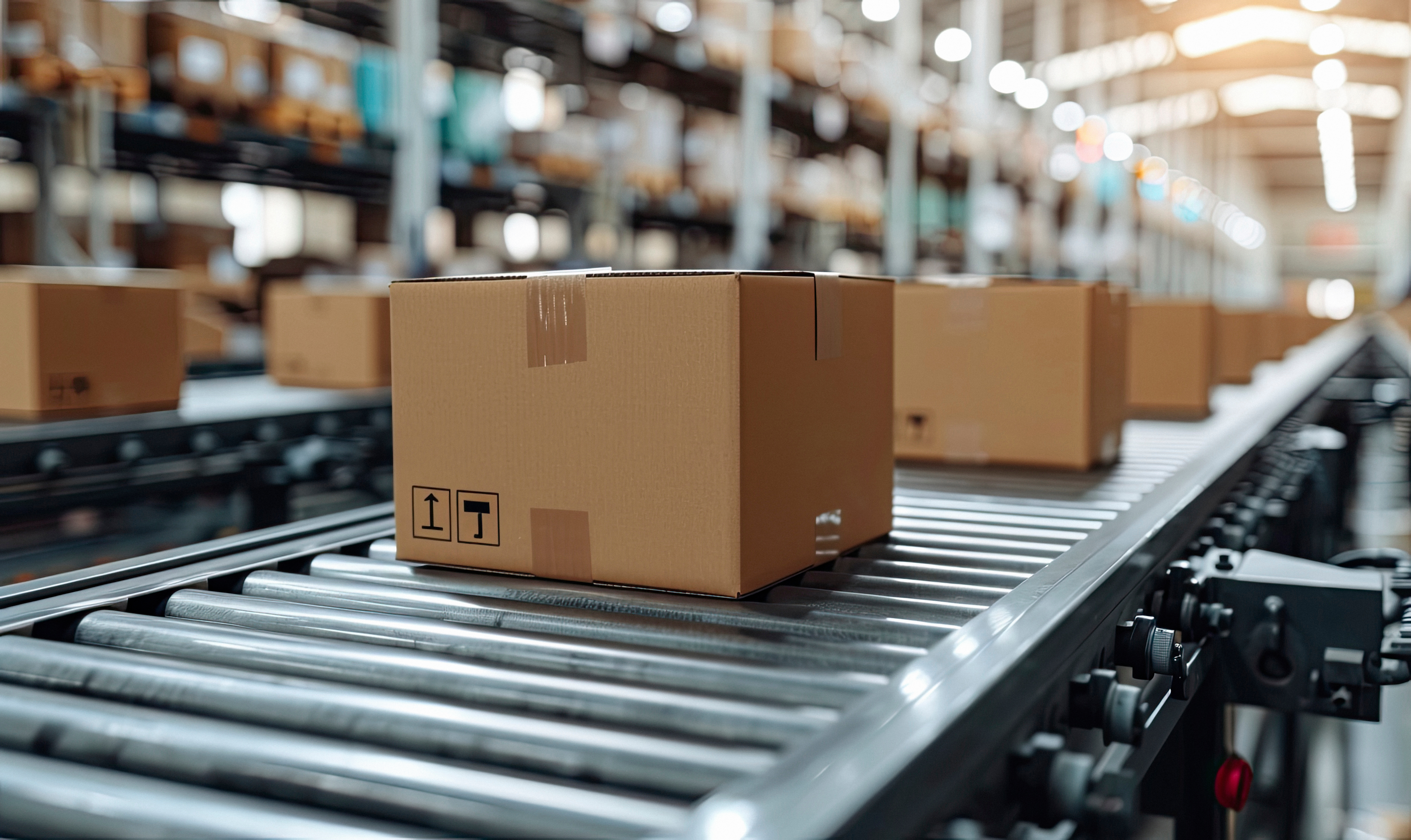u-blox Edge AI asset tracking demo concept with package on conveyor belt in logistics warehouse