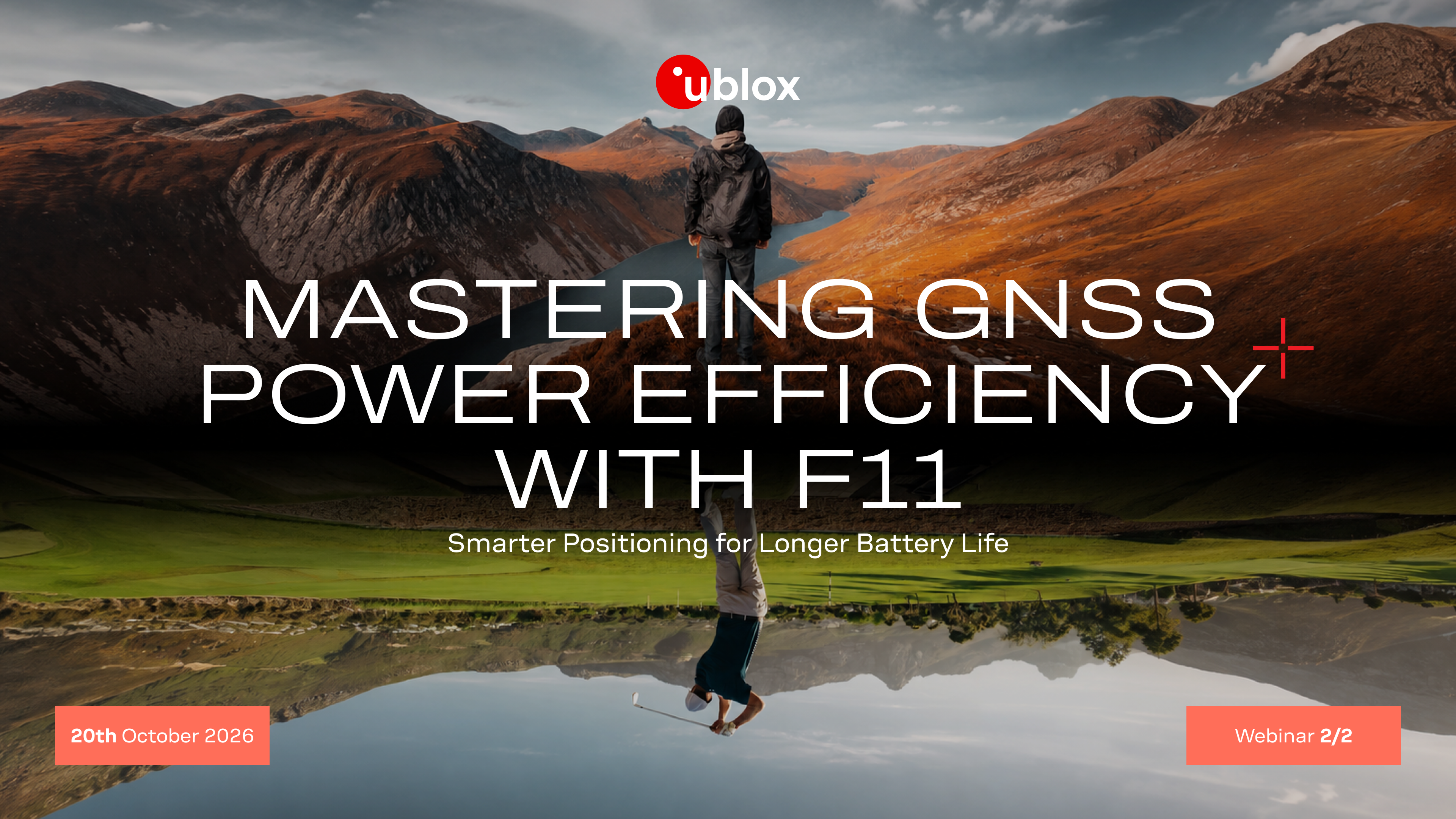 Promotional webinar graphic for the u-blox F11 platform showing outdoor positioning scenarios with a mountain landscape and a golfer highlighting GNSS power efficiency and longer battery life for positioning applications