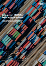 Cover of the u-blox white paper on low-power GNSS for tracking applications, focusing on balancing power consumption, performance, and cost