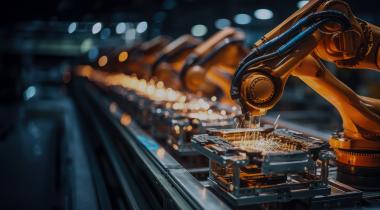 Industrial robot arm smoldering hot metal in a smart factory