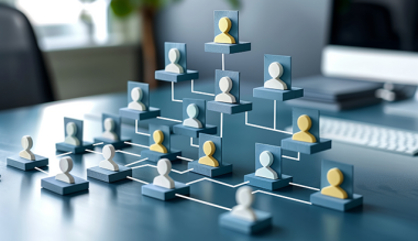 3D network of connected people icons representing the global u-blox organization, collaboration, and leadership structure