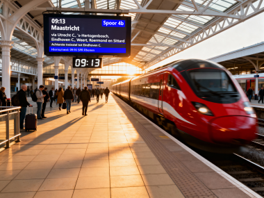 Passenger information display boards show train arrival details above a railway station platform as a train arrives and travelers wait nearby.