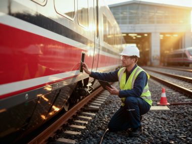 Rail maintenance technician inspecting a passenger train with a tablet beside railway tracks in a maintenance yard.