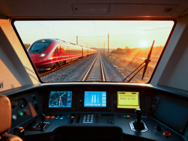 Train control cab with digital displays showing autonomous mode operation and railway tracks ahead viewed through the front window.