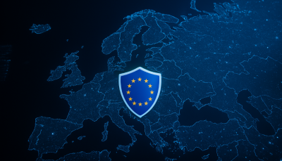 Illustration of Europe with satellites connected to a digital shield symbolizing EU cybersecurity regulation under the RED directive