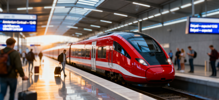 Modern passenger train at a covered railway station platform with travelers, where GNSS signals can be degraded.