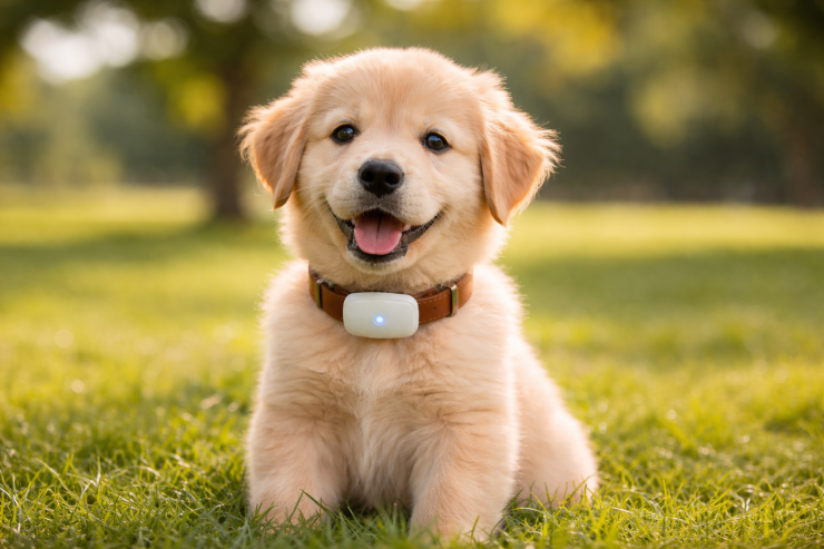 Golden retriever puppy with GPS tracker