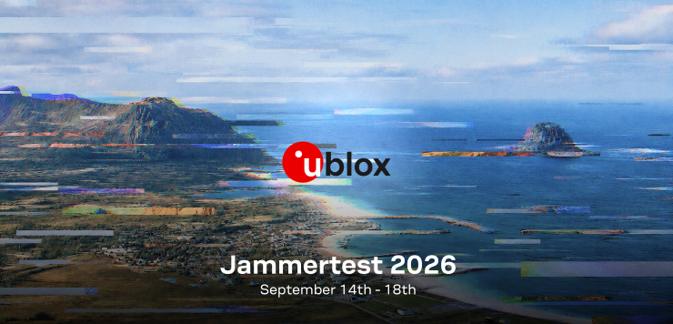 Promotional banner for u-blox Jammertest 2026 highlighting GNSS jamming and spoofing testing in Andøya, Norway