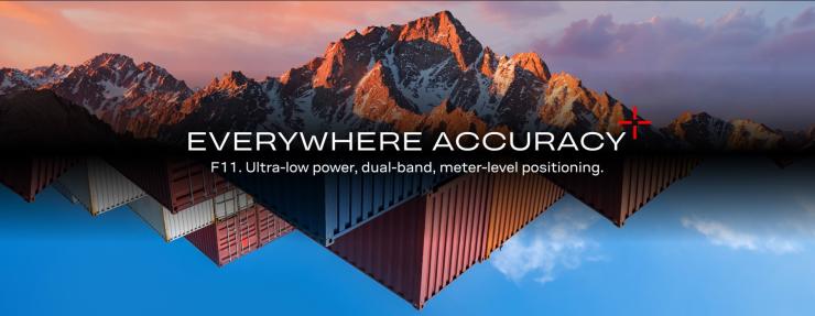 u-blox F11 key visual showing mountains and shipping containers for ultra-low-power dual-band GNSS positioning
