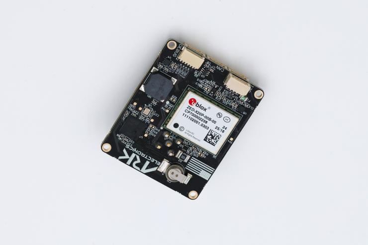 Close-up of the u-blox ZED-X20P all-band GNSS module on the back of the ARK X20 RTK GPS board