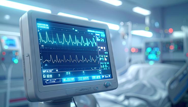 Patient monitor in a hospital room showing vital signs, representing MAYA-W3 Wi-Fi 6E connectivity for healthcare devices