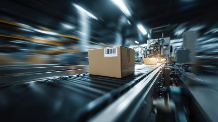 Package moving on a conveyor belt in a logistics facility, illustrating u-blox ALMA-B2 Edge AI asset tracking