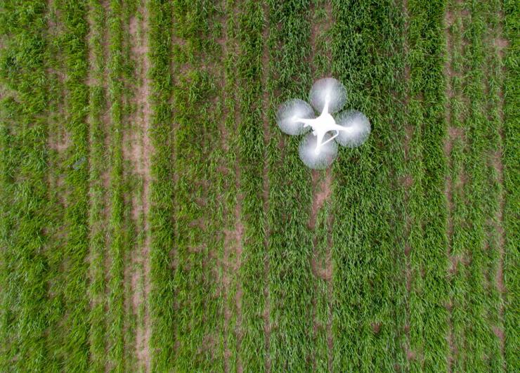 Drone flying over field