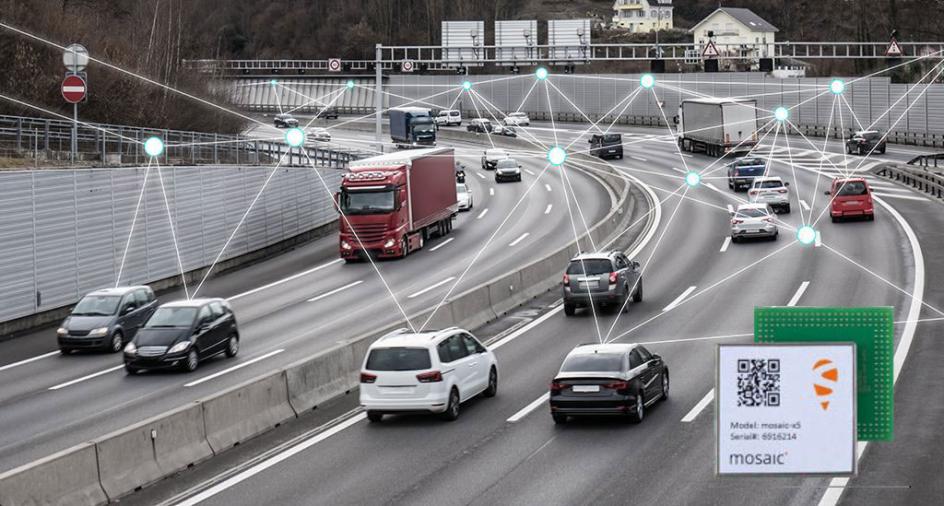 Connected cars on highway with module picture in the front