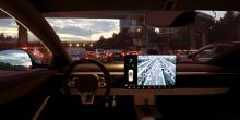 view through the windscreen in autonomous car in high density traffic