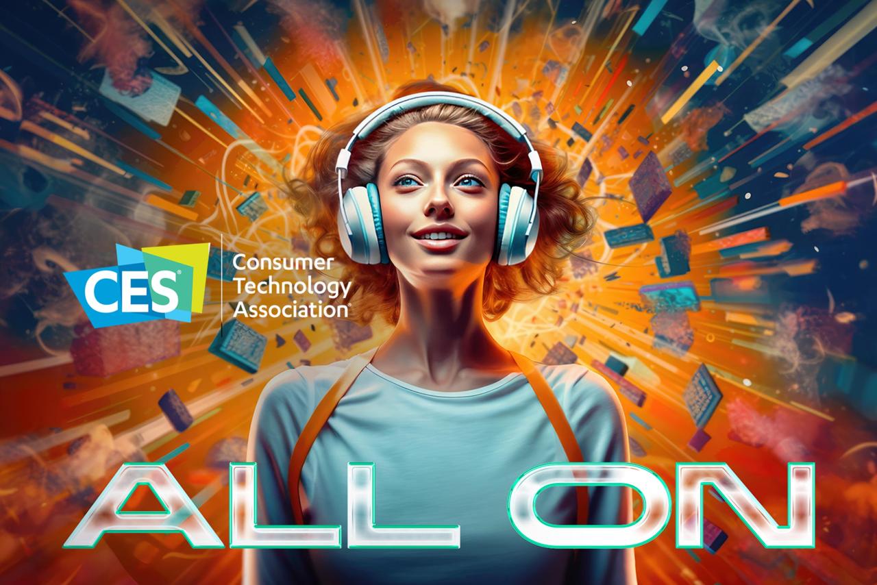 CES advertising banner showing woman with headphones