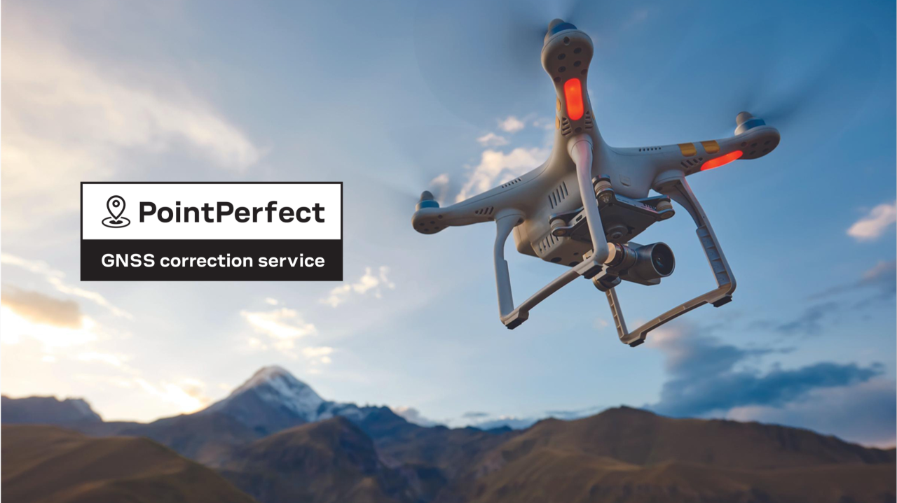 Hero image with a UAV and PointPerfect GNSS Correction Services logo