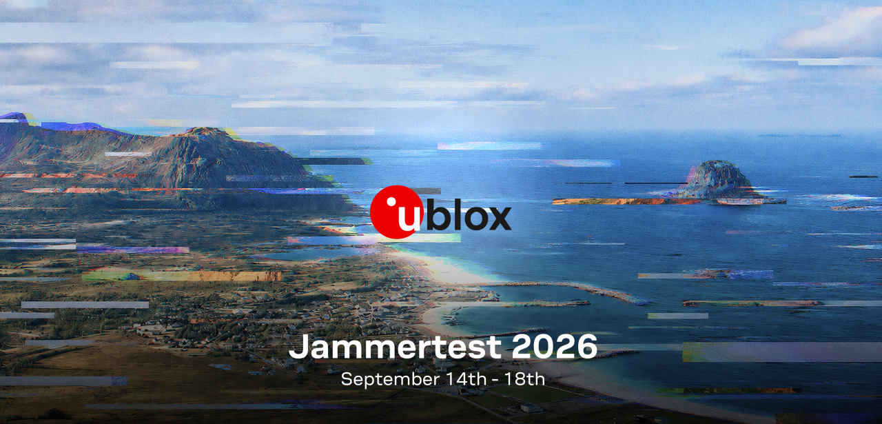 Promotional banner for u-blox Jammertest 2026 highlighting GNSS jamming and spoofing testing in Andøya, Norway
