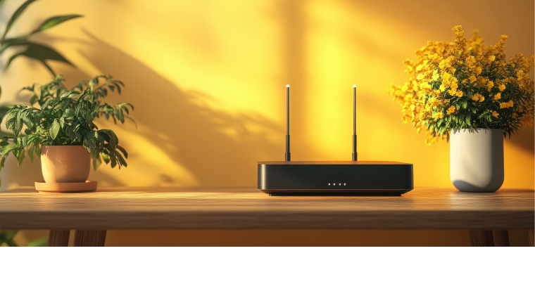 A Wi-Fi router placed on a wooden table between two potted plants in a warm, sunlit indoor setting