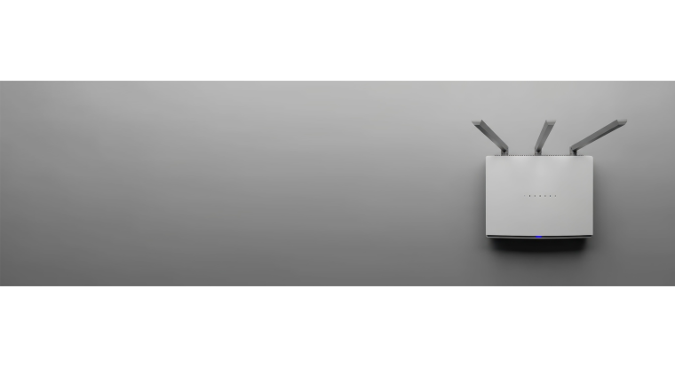 Minimalistic hero image of a modern Wi-Fi router on a gray background, used to represent 6 GHz Standard Power Wi-Fi with GNSS geolocation for AFC compliance.