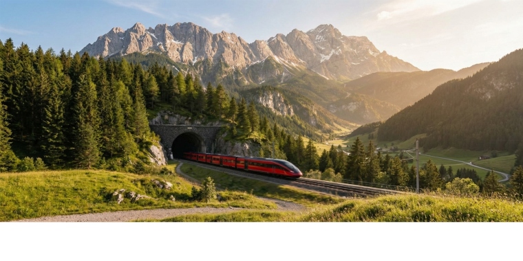 Modern passenger train exiting a tunnel in a mountainous landscape, illustrating continuous railway positioning and train tracking in GNSS-challenging environments.