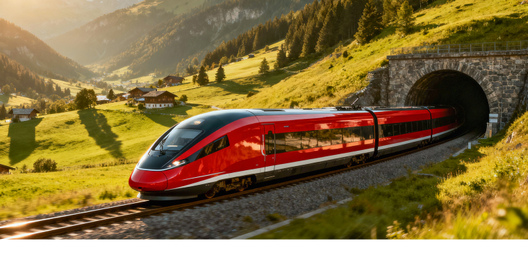 Modern passenger train traveling on railway tracks through a mountain landscape and emerging from a tunnel.